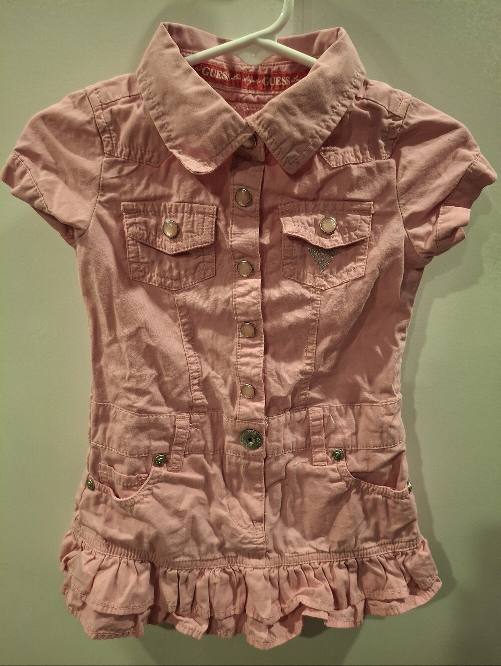 GUESS Girls' Light Pink Button-Front Ruffle Shirt Dress
